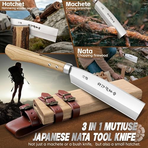 Image of Dream Reach Japanese Nata Knife - 3 in 1 Fixed Blade Outdoor Knife | 3 in 1 (Machete, Hatchet, Nata Knife), with Wooden Sheath, for Chopping Wood Kindling, for Garden Yard Camping Hiking, Gift