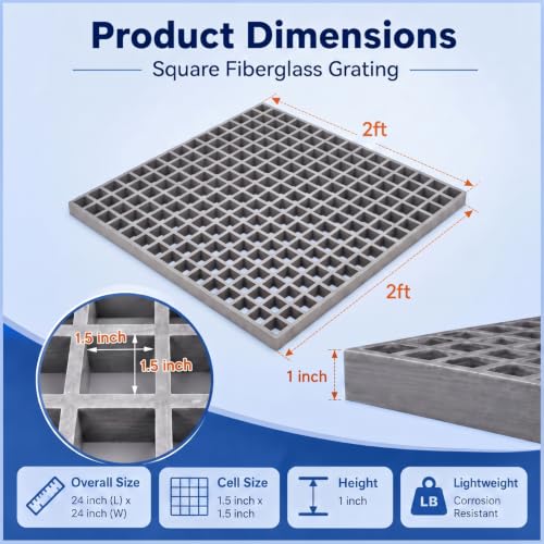 Image of Cinnvoice 1 Pcs FRP Molded Grating Panel, 2ft X 2ft X 1.5in, Grey