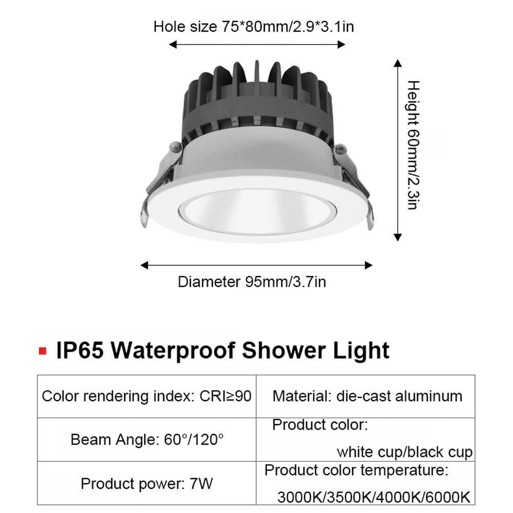 Faretto da Incasso a Led da 3,7 Pollici 7W, Luce per Doccia Impermeabile Ip65, Faretto da Soffitto con Corpo in Alluminio Ultra Sottile Cri 90 per Bagno, Camera da Letto, Corridoio/B/6000K