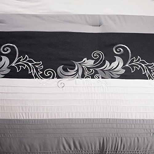 Chezmoi Collection Napa 7-Piece Luxury Leaves Scroll Embroidery Bedding Comforter Set (California King, Gray/Light Gray/Black)