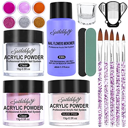 Polvos Acrílicos para Uñas set Colección，SPTHTHHPY Gel para Uñas Acrilico para Uñas ，con 6 Colores Brillos, Adecuado para Principiantes y Expertos，3 Color（Polvere Trasparente, Rosa, Bianco）