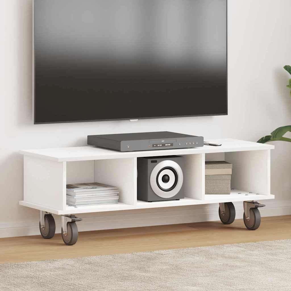 Stojak na telewizor, biały, materiał drewnopochodny, 100 x 35 x 35 cm, do salonu, na ławkę telewizyjną, meble multimedialne ze schowkiem, otworem na kabel i przegródkami, do odbiornika, kina