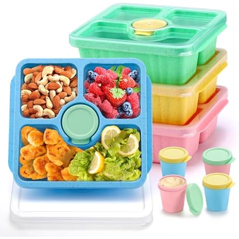 QQKO Bento Snack Box Containers for Adults Kids, Lunchable Meal Prep Containers Reusable, 4 Pack Divided Food Storage Containers with Lids, Stackable Lunch Box Containers with Sauce Cups, Pastel Cover