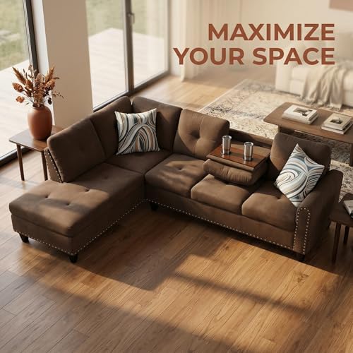 Image of L-Shaped Sectional Sofa, Modern 4-Seat Couch with Built-in Cup Holders, Upholstered Fabric Sectional Couch with Left Facing Chaise for Living Room, Apartment, Office, Brown