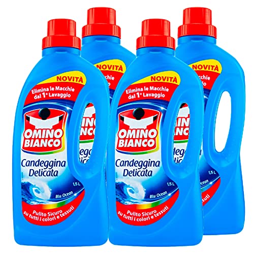 Omino Bianco - Lejía delicada, tecnología antiolores, acción higienizante y quitamanchas, esencia azul océano, 1500 ml x 4 botellas
