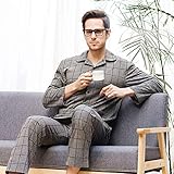 LPing Herren Bademantel aus 100% Baumwolle,Haushaltskleidung,Pyjama mit grauem Karo,M-XXL