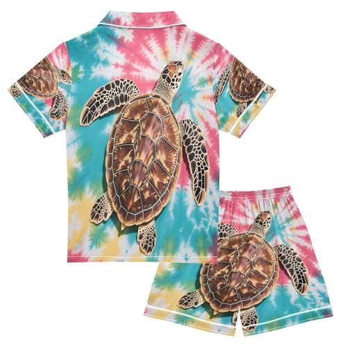 ALAZA Lovely Sea Turtle Tie Dye Satin Pajamas Set Short Sleeve Button Down Sleepwear Summer Pjs 2 Piece2