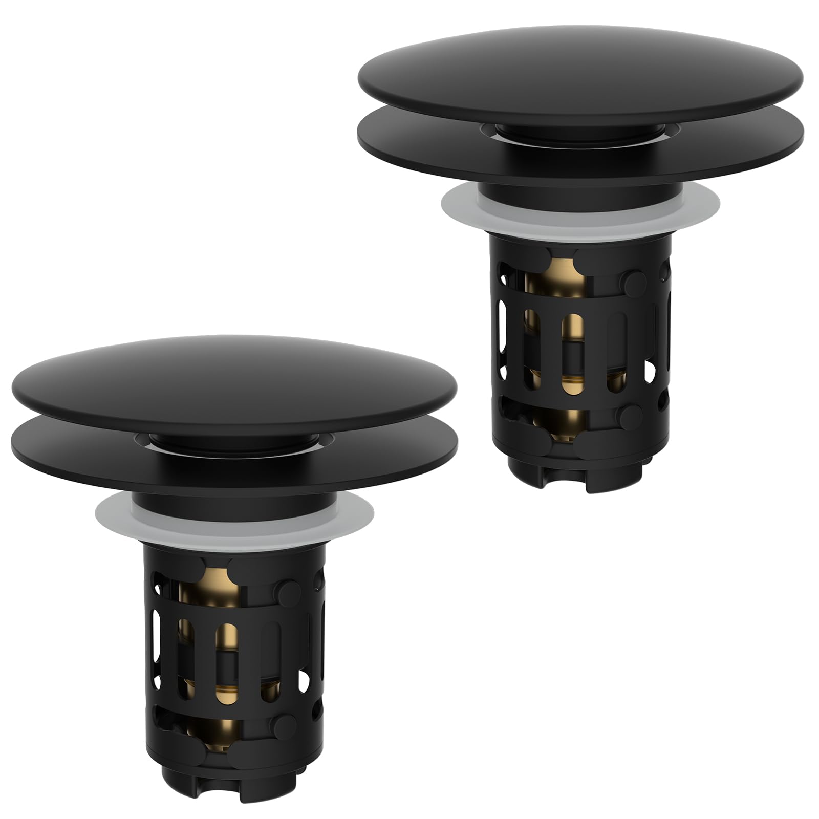 Hibbent 2 Pack Upgraded 3 in 1 Bathroom Sink Drain Strainer, Pop Up Sink Stopper with Big Push Cap, Anti-Clogging Metal Filter Basket,Sink Plug with Hair Catcher for 1.1''~2.36'' Basin, Matte Black