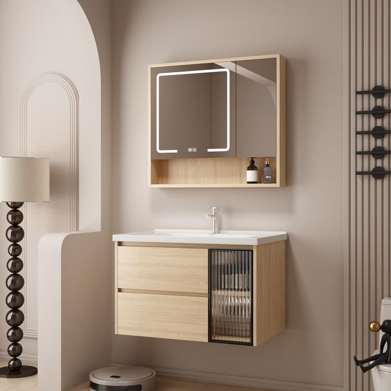 Miniatura 9 de Tocador de baño de 32 pulgadas montado en la pared, tocador de baño con fregadero de cerámica, tocador de baño moderno con 2 cajones de cierre