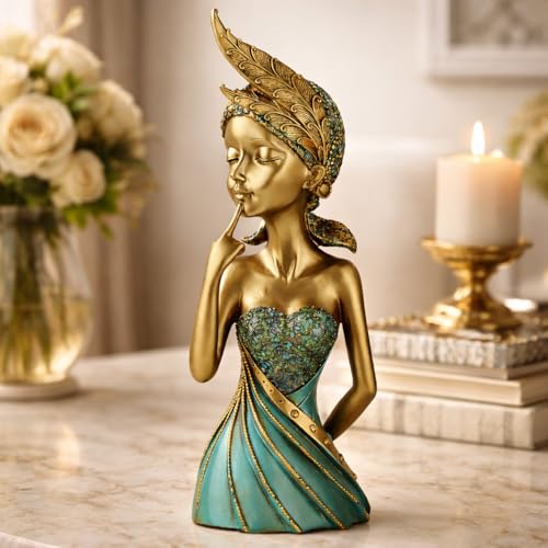 Image of ARMONIA Premium Embossed Gold & Turquoise Figurine with Ornate Headpiece - Feminine Beauty Sculpture for Home Decor, Gifting & Ambience, Showpiece Figurine for Home Decor Gift, Wedding & Housewarming