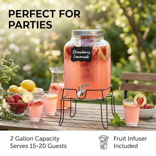 Image of 2 Gallon Glass Drink Dispenser,Beverage Dispenser with Stand,Lemonade Dispenser with 304 Stainless Steel Spigot Leakproof for Entertaining Guests, Picnic,Hosting Parties (Pack of 2)