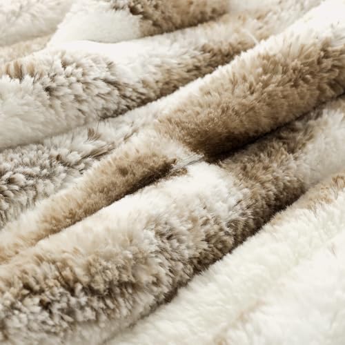 Image of Wonderful Fluffy Faux Rabbit Fur Comforter Set King Size, Striped Stitching Tie-Dye Khaki Plush Fuzzy Bedding Set 3 Pieces, Warm Soft Comforter Bedding Set for Winter, 104 inchx90 inch