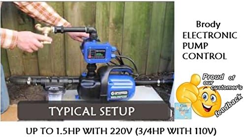 A typical setup showing the BRODY Electronic Pump Control connected to a pump, with a person operating a faucet, illustrating water flow.