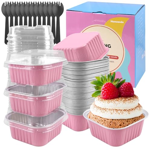 60pcs Mini Cake Pans & Loaf Pans with Lids - Disposable 5oz Square Aluminum Foil Baking Cups for Cheesecakes and Mini Cakes(Pink)