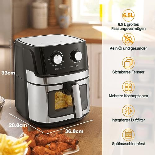 CLIPOP Heißluftfritteuse für die Ganze Familie mit Schneller Luftzirkulation 6,5L XL Friteuse Heissluft Fritteusen Air Fryer, 30-Minuten-Timer Antihaftbeschichtung, spülmaschinenfeste Körbe, 1700W – Bild 7