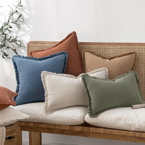 Image of MIULEE Decorative Lumbar Throw Pillow Covers Neutral Linen Fringe Throw Pillows Set of 2 Blue Ashes Boho Farmhouse Cushion Covers for Couch Sofa Bed Living Room Spring Home Decor 12x20 Inch
