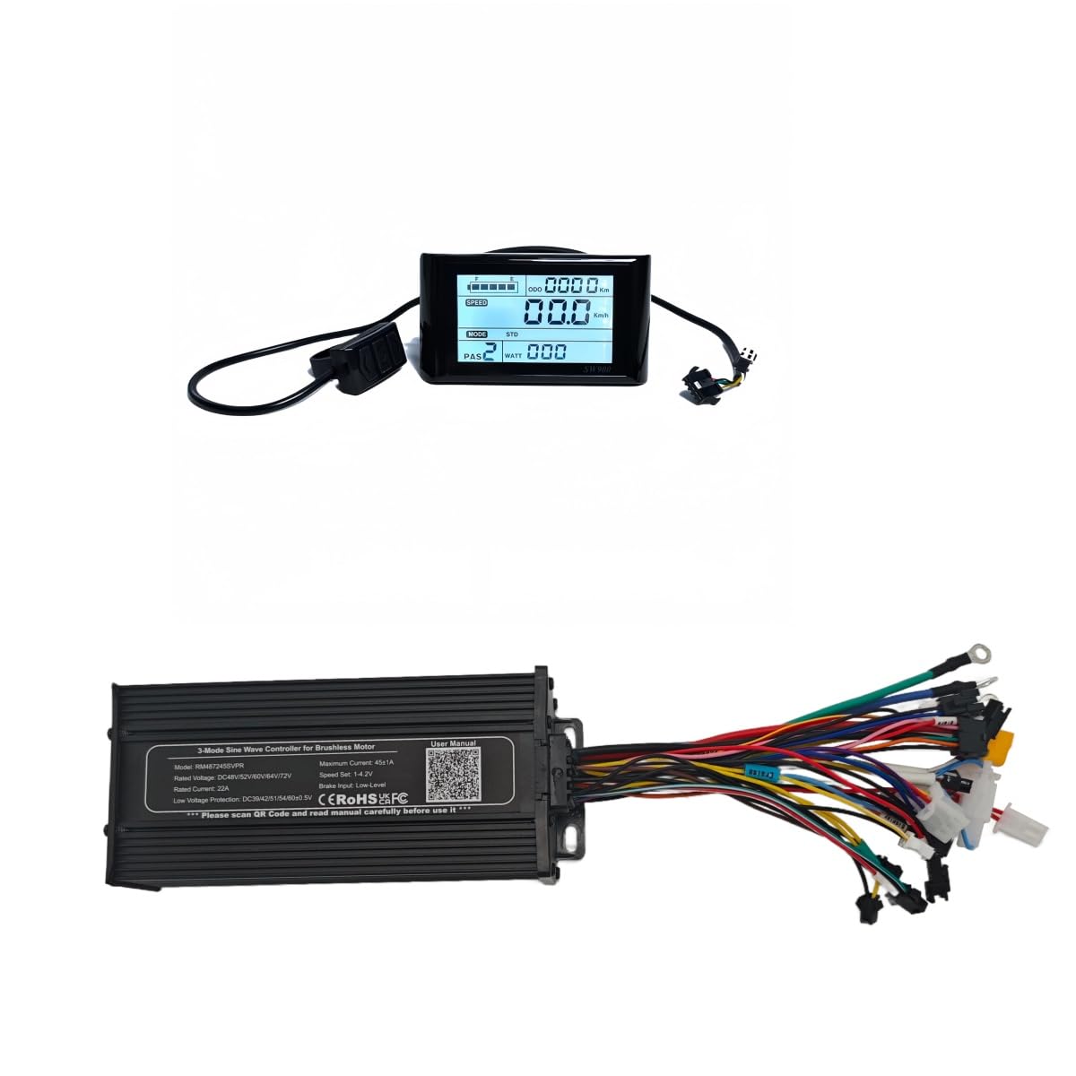 ebsenopower Intelligent Sine Wave Controller, 48V-72V, 1500W-2800W, 45A, 3-Mode Operation with Optional Display (48-72V Controller and SW900 Display)