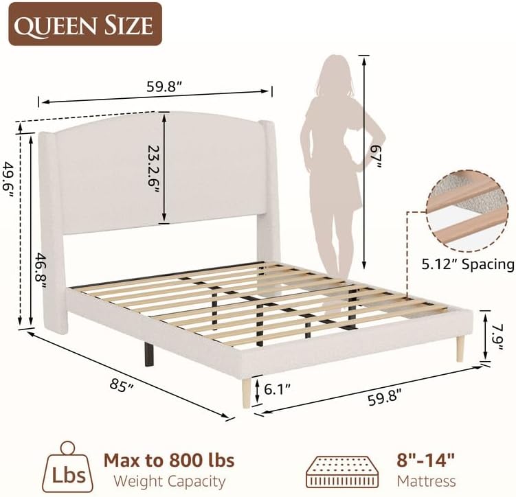 Queen Size Bed Frame with Wingback Headboard, Boucle Upholstered Platform Bed, No Box Spring Needed, 6" Under-Bed Storage, Easy Assembly, Beige