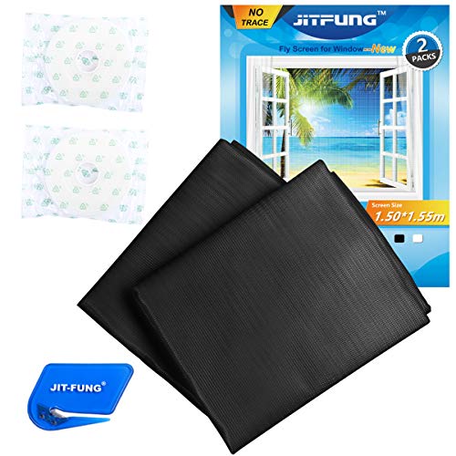 JIT-FUNG Mosquito Net for Windows-2 Packs [Traceless], Fly Screen Insect Mesh 1.5m x 1.55m, with 2 Rolls Self-Adhesive Tapes, Black-3.0