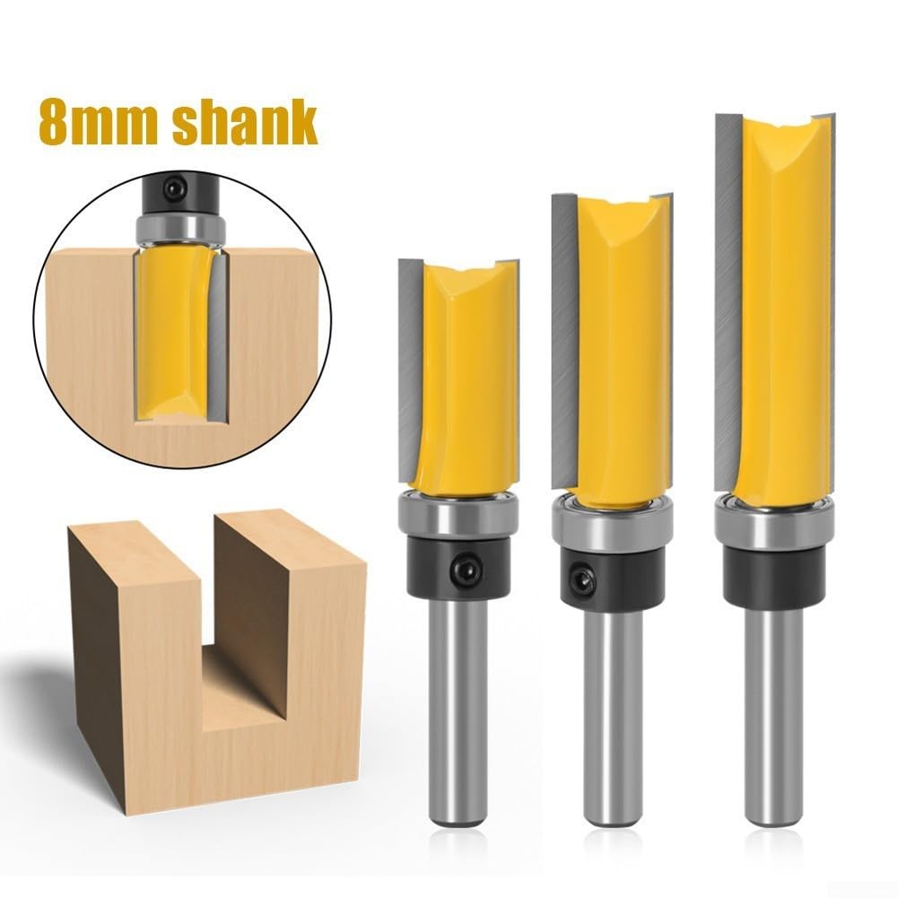 8 mm Schaft, bündiger Fräser mit Lager, Hartmetall-Schablonen-Fräser für Holzbearbeitung, 5/8-Zoll-Klinge, oberes und unteres Lager-Design für Schubladenherstellung (3 Stück)
