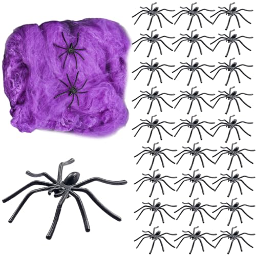 AYV Halloween Tela Araña,80g Telaraña Violeta Decor con 30 Arañas Falsas Adicionales,Embrujadas,Decoraciones de Halloween con Telarañas,para Halloween Decoracion Fiesta de Carnaval de Halloween