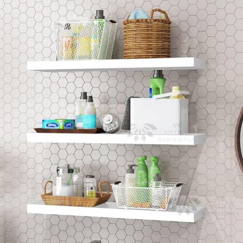 Image of Wooden Floating Wall Shelf| Wall Mount| Wall Rack| Wall Bracket for Home and Office Decor | Big Mounted Cabinets (XX-Large (24x8 inches), Set of 3, White)