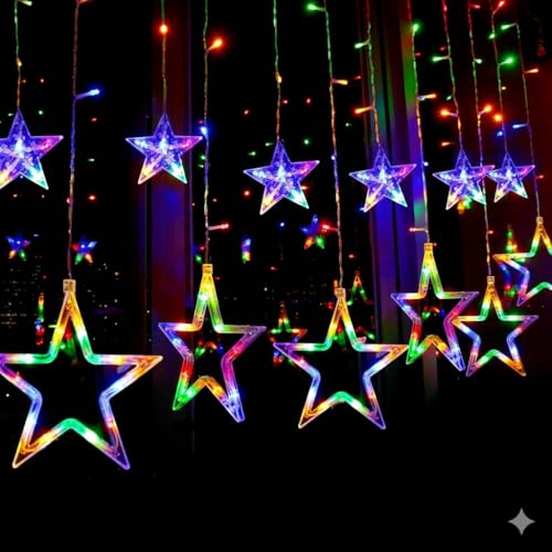 Image of Star Curtain LED Lights for Diwali Decoration | for Bedroom, Window, Balcony & Wall Decoration | 8 Mode Decorative String Lights for Home, Wedding & Party (Multicolor)