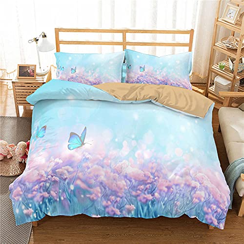 Housse de Couette à imprimé Papillon Taie d'oreiller 3D Ensemble de literie à Motifs Floraux Roses Blue Girl Kid Textile Couette Set 200x200 Housse de Couette,Simple,2pcs(140x200cm)