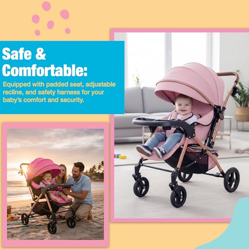 Image of Safe-O-Kid Breez Baby Rubber Wheel Stroller /Pram with 1 Year Warranty (Model - 2024) for New Born /Toddler /Kid for 0 to 3 Years Travel Friendly, 5 Point Safety Harness - Pink
