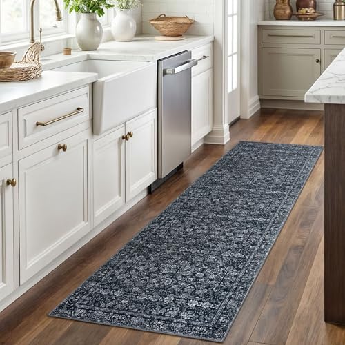 2x6 Black Washable Runner Rug for Hallways, Soft Neutral Vintage Kitchen Rugs with Non-Slip, Non-Shedding Distressed Floral Carpet for Bedroom Porch Laundry Entryway