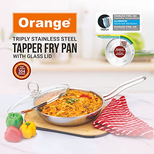 Image of Orange Triply Stainless Steel Fry Pan 1.1L Capacity with Riveted Cast Long Handle with Glass Lid | 20 cm Diameter | Heavy Bottom | Gas Stove and Induction Bottom Friendly | 5 Year Warranty.