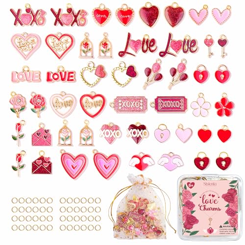Sistenia Pink Heart Love Charms Gold Plated Enamel Red Pendants Rose Charms for Bracelets with 50pcs Jump Rings DIY Necklace Keychain Bracelet Earring for Jewelry Making Crafts Gifts for Women