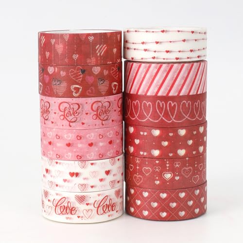 Koudindg Heart Washi Tape Bulk 12 Rolls Cute Pink Washi Tape for Journaling Wedding Valentines Day Anniversary Scrapbook Supplies Love Gifts for Girlfriend Girls Gifts Stocking Stuffers for Girls
