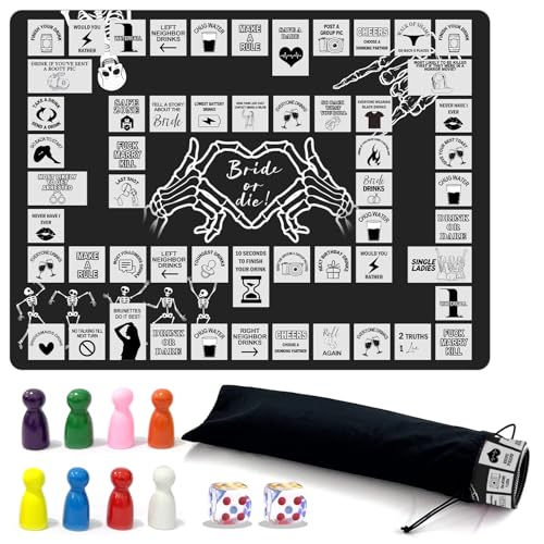 Bride Or Die Bachelorette Adult Drinking Game, Black Interactive Party Rubber Mat Board Game with Two Dice, Drunk Night Drinking Game, Bachelorette Party Game Gift for Boys and Girls, 2 8 People 21+