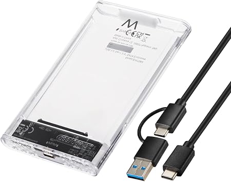 Ewent SSD/HDD Enclosure USB-C+A 3.2 Gen1 External Enclosure for 2.5 Inch SATA Hard Drives up to 9.5 mm Transparent Housing Tool-Free Installation UASP Support 5 Gbps Compatible with Windows/Mac