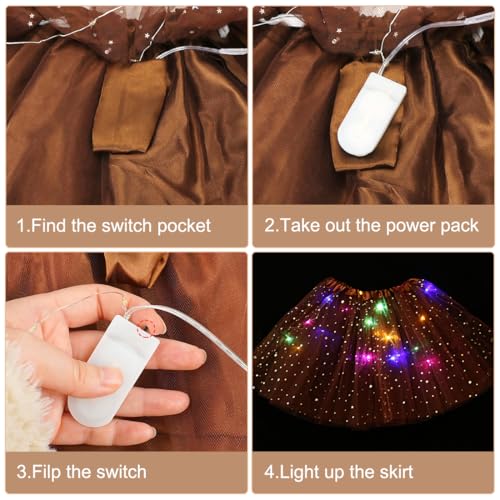 Rentier Kostüm Damen Cosplay Kostüm Set für Halloween Karneval Rentier Haarband LED Tüllrock Tattoo Aufkleber Gesicht Aufkleber Braun Tüllrock für Damen Tier Kostüm Erwachsene
