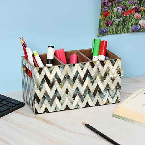 Image of DULI Multipurpose Stand, Cutlery Holder, Spoon Stand, Table Organizer with 2 Sections, Chammach Stand (10cm x 15cm) (3 Section: MOP Zigzag)