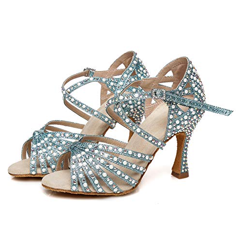 HROYL Women's Rhinestone Latin Dance Shoes Salsa Ballroom Performence Wedding Party Dance Heels,YCL4293