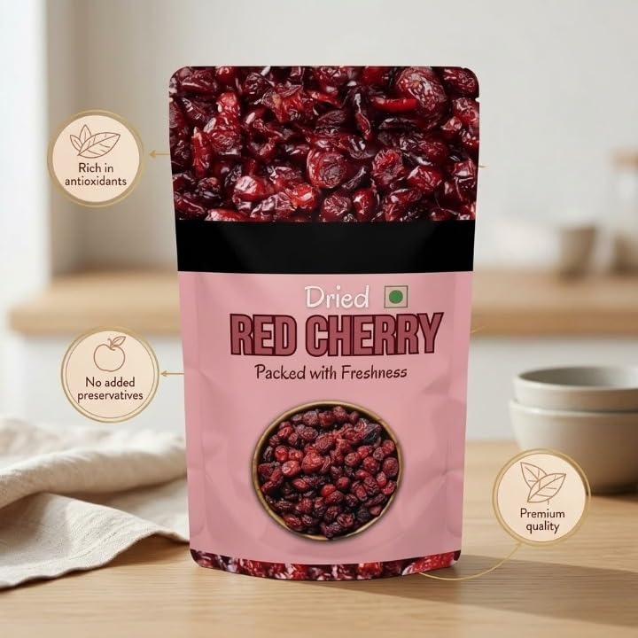 Dried Red Cherries,Vegan and Gluten Free | Without Sugar | Ice Cream, Cakes and Shakes Decoration | 200g