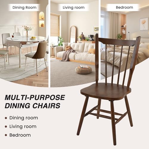 Image of HNY Walnut Windsor Dining Chairs Set of 2, Farmhouse Wooden Kitchen Chairs with Spindle Back, Mid Century Modern Armless Kitchen Side Chair for Dining Living Room Restaurant