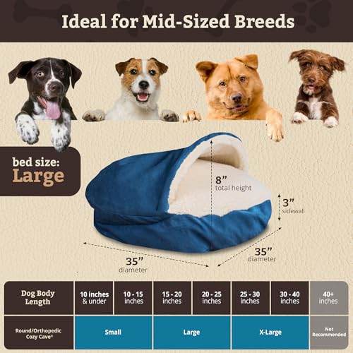 Image of Snoozer Cozy Cave Dog Bed, Round Covered Dog Bed, Sapphire (L)
