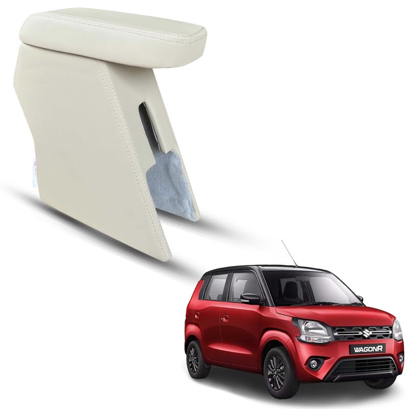 Image of Carigiri Premium Finish Car Armrest for Maruti Suzuki New WagonR with Moulded Foam And Storage Compartment (Nappa Leatherette,Double Stitching)(Models-2019-2024) (Beige Seam)