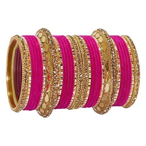 NMII Metal Base Metal and Zircon Gemstone with Velvet Worked Or Mirror Studded and Linked with Ball Chain Glossy Finished Chuda Set for Women and Girls, (Magenta3_2.2 Inches), Pack of 30 Bangle Set Cover