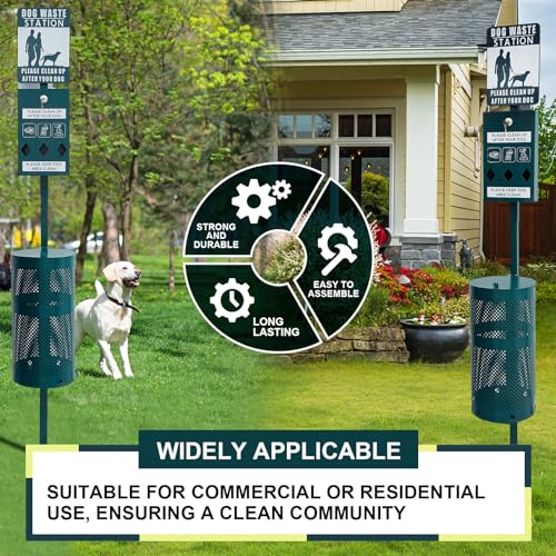 Image of Qinyoung Dog Waste Station Galvanized Steel Outdoor Pet Bin with Poop Bag Dispenser Reflective Sign Rust Proof for Backyard Commercial Park(Green)
