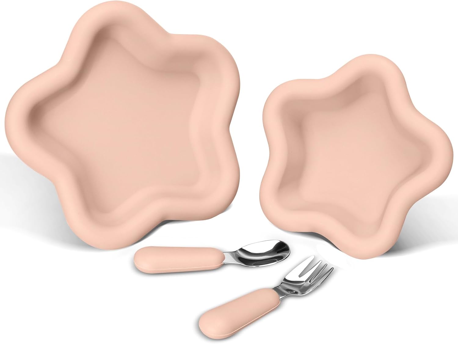 4pcs Toddler Feeding Set, Silicone Plate with Fork and Spoon and Cup, Food Grade Silicone Tableware for Children, BPA Free, Dishwasher-Friendly (Blush)