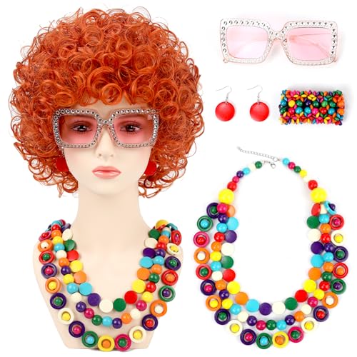 Cyyacen Women Roper Curly Orange Red Cosplay Wig with Necklace Earrings and Sunglasses for Women Hallween Costume Wig