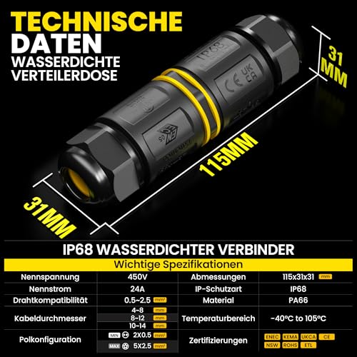 PEBA Kabelverbinder Wasserdicht 5 polig, IP68 Wasserdichte Kabelverbinder 4-14mm Kabeldurchmesser, Verteilerdose außen, 5-Leiter, Verbindungsklemme mit Hebel für Outdoor, Abzweigdose Schwarz