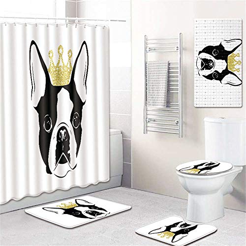 Claean-Acces-Home Wc Deckelbezug 5 Stück 3D Hund Duschvorhang/Badematte/Toilettenkissen Set Charakter Muster Anti-Rutsch…