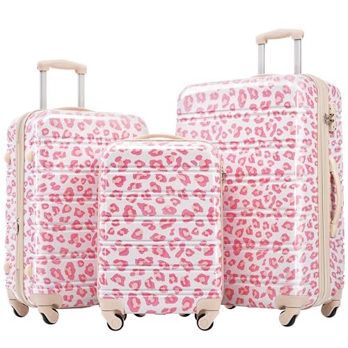 Hardshell Luggage Set for Stress-Free Travel, Lightweight 3-Piece Spinner Suitcase Collection, Pink Leopard Design