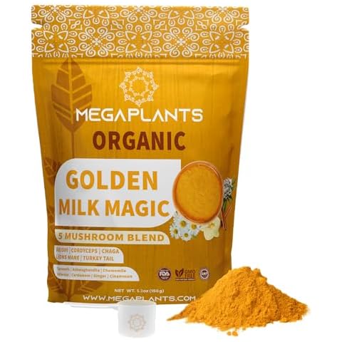 MegaPlants Golden Milk Magic (50 Servings) | Superfood 5 Mushroom Blend for Sleep, Relaxation, Relief | Turmeric, Ashwaghanda, Valerian, Chamomile + 5 Mushroom Blend | Smoothie, Hot Beverage Cover